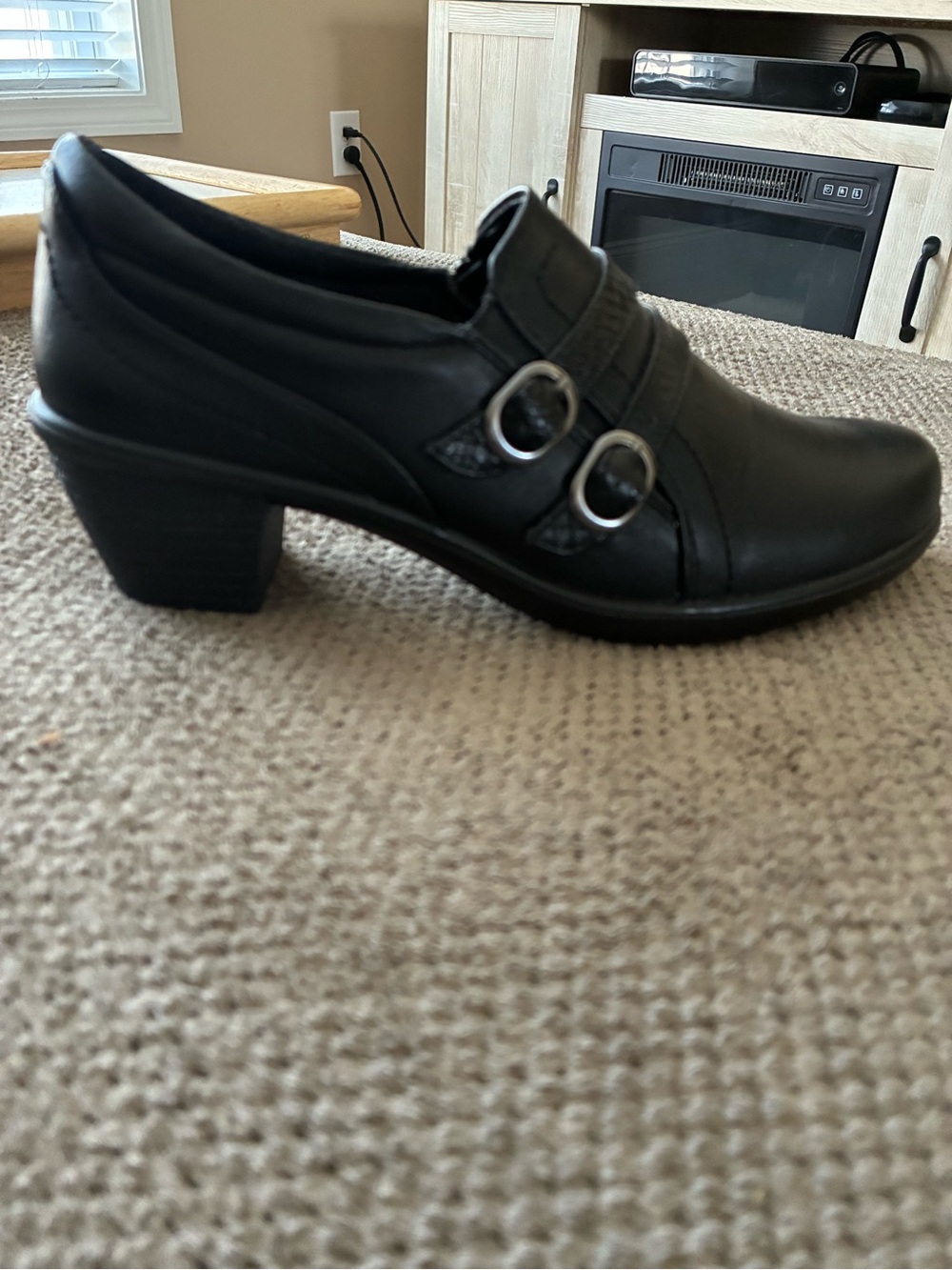 easy street Black Low Block Heel Dress Shoe with Double Buckles